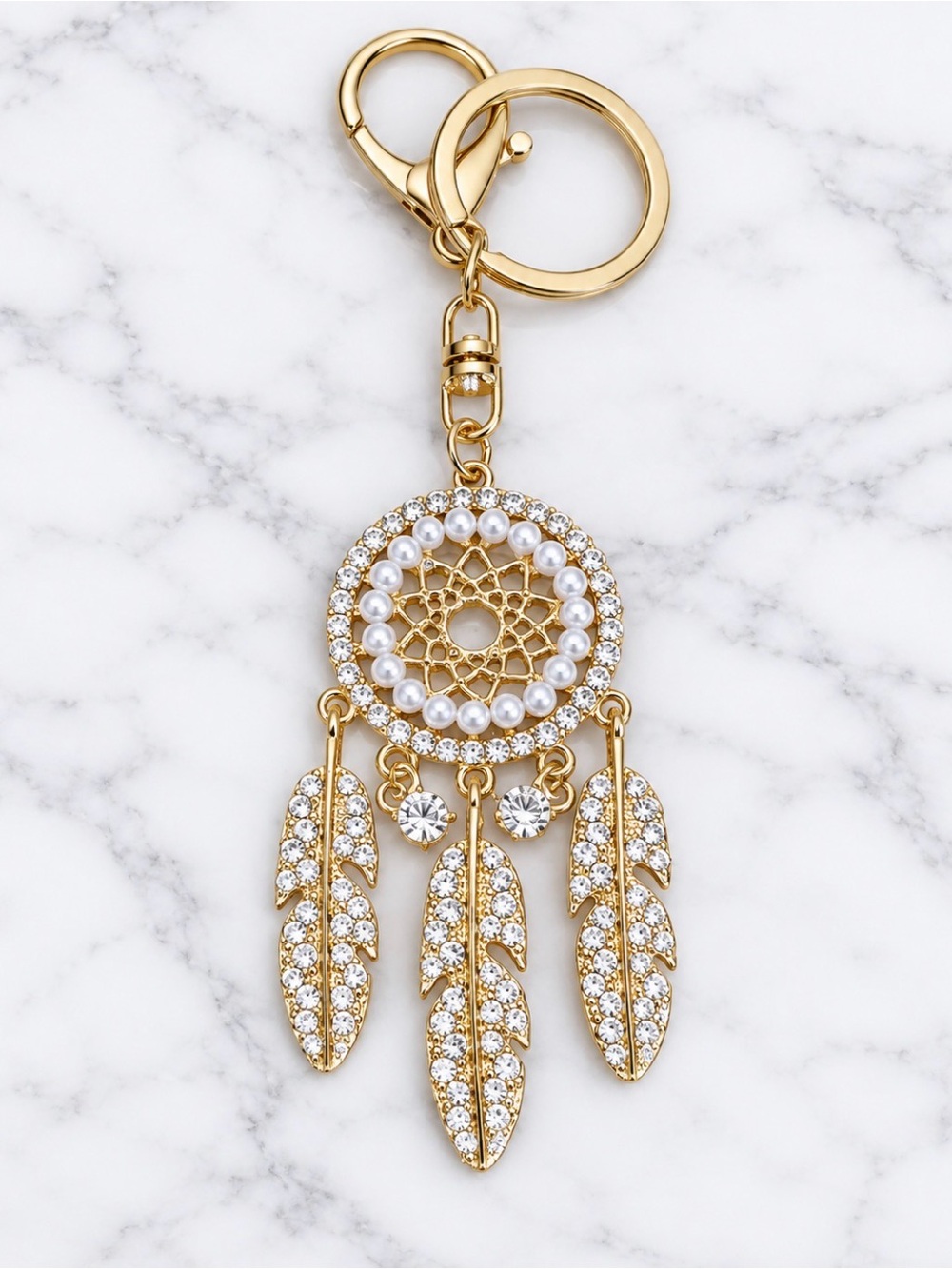 White Crystal Dreamcatcher Bag Charm/Keyring- Faux Pearl Accents-Gold Hardware